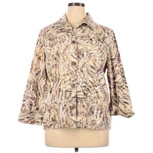Chico's 100% Cotton Denim Camo Animal Print Jacket Sz 3 Classic Beige Pink White